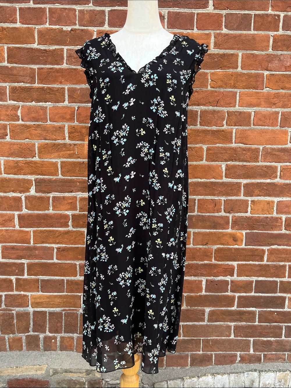 Blumarine Black Maxi Dress with Blue and White Floral Print